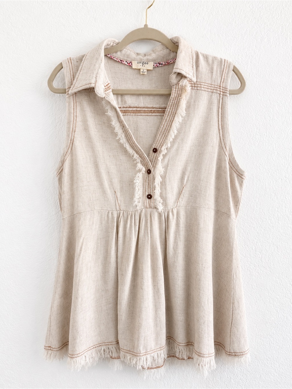 Umgee Cream Linen Blend Fringe Babydoll Tunic Top Boho S